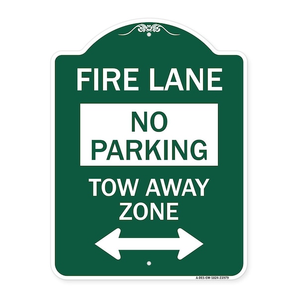 Signmission Fire Lane Tow-Away Zone W/ Bidirectional Arrow, Green & White Alum Sign, 18" x 24", GW-1824-23979 A-DES-GW-1824-23979 - main
